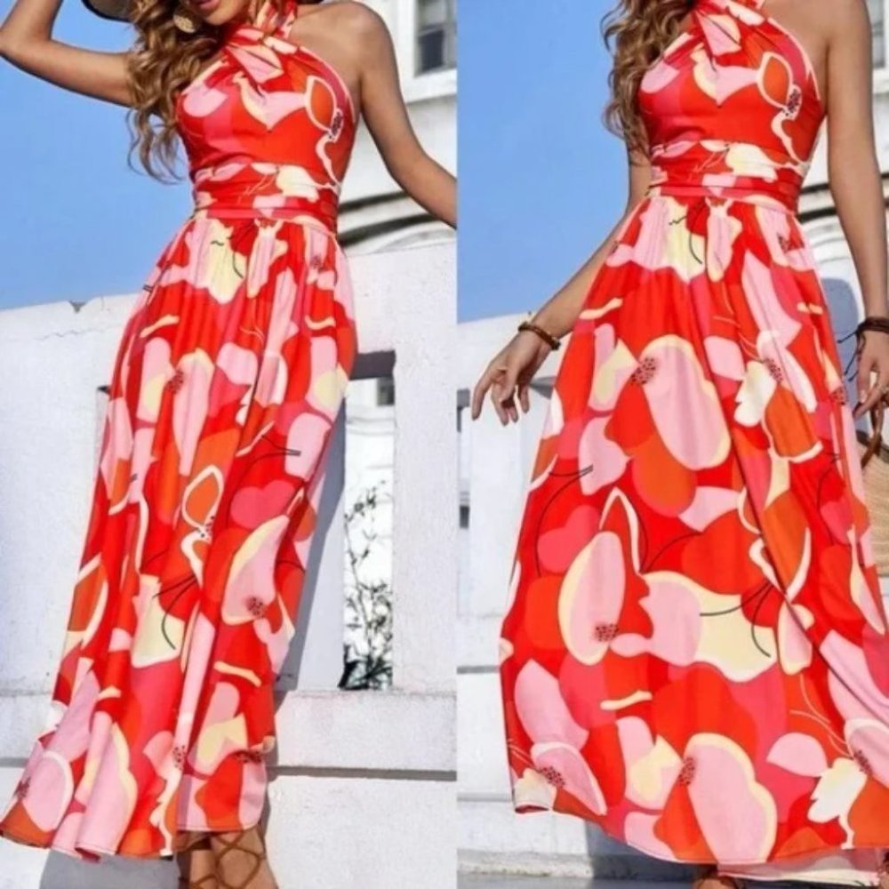 Boho red floral print tie back halter maxi dress - Picture 4 of 5